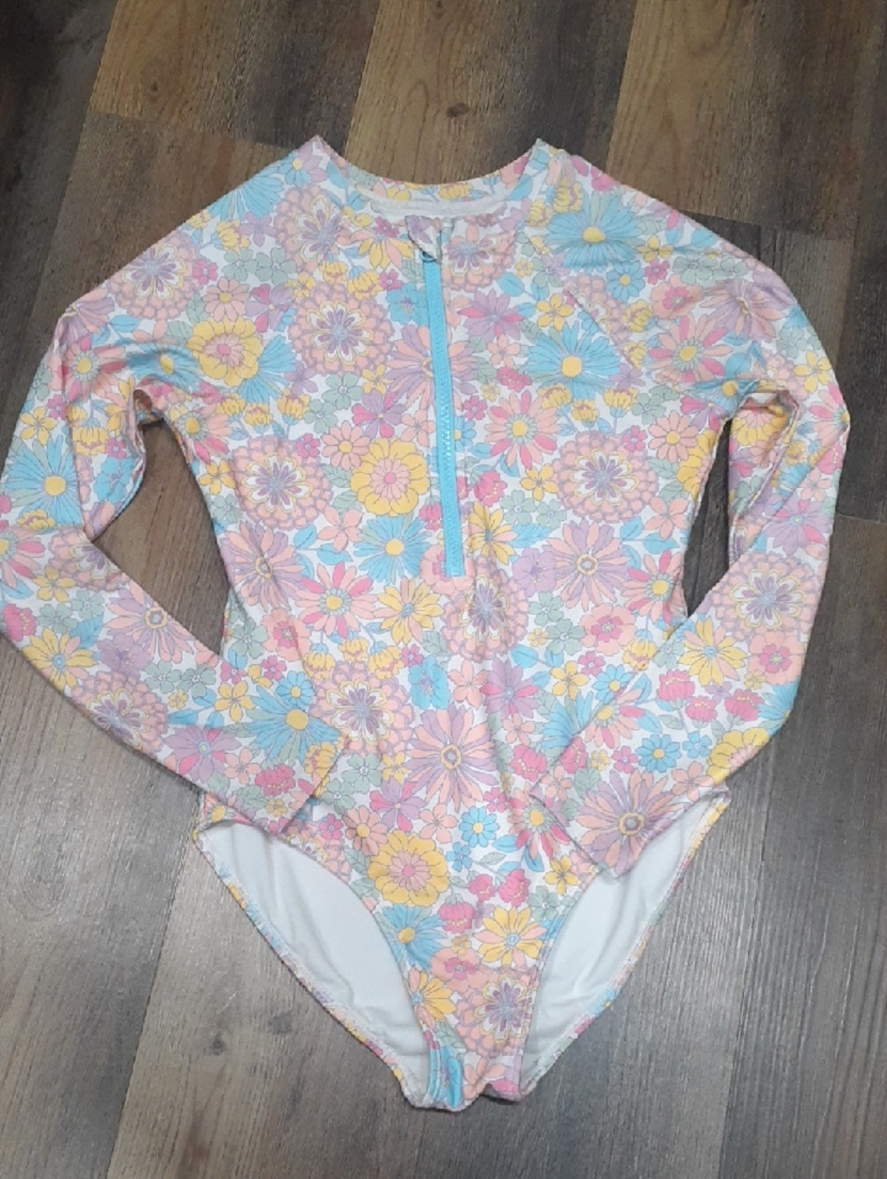 Girls Long Sleeve Floral Zip Front Swimsuit - Pink Blue Yellow